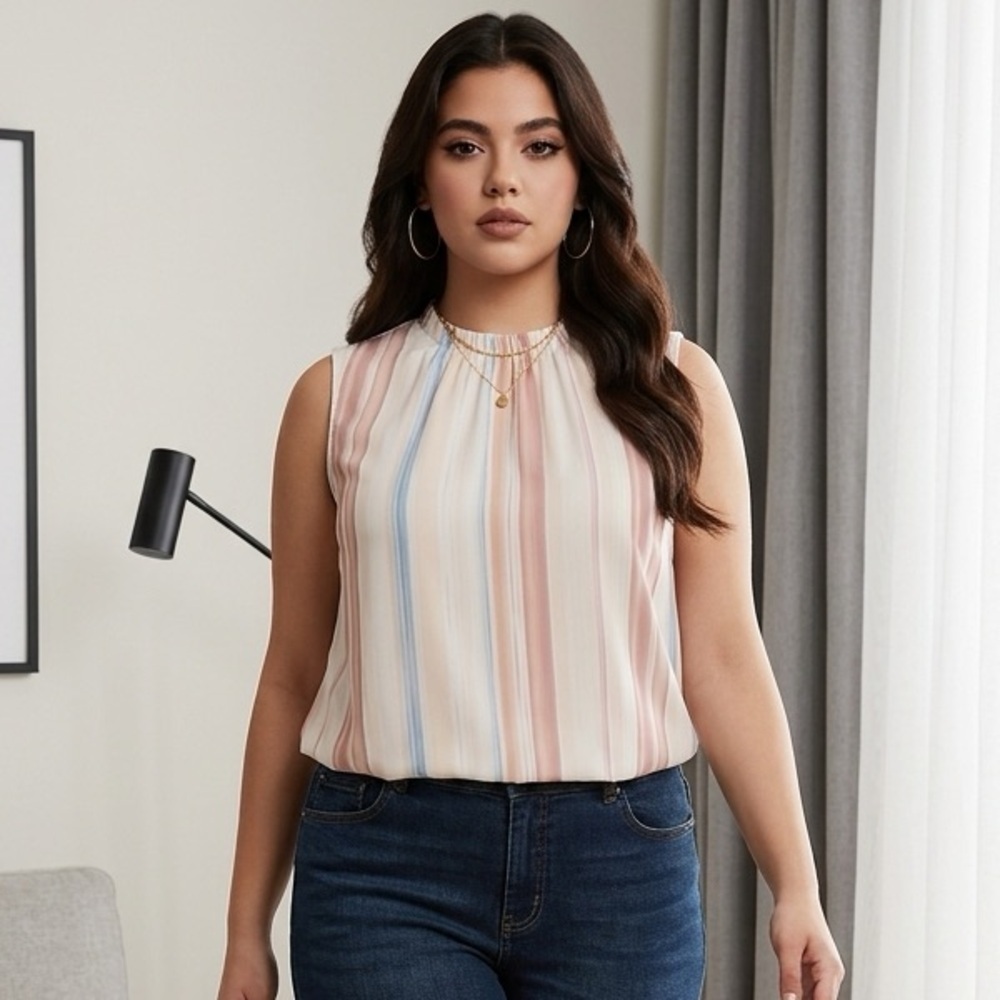 NWT DEX Plus Size Striped Sleeveless Linen Blouse Top Tan Cream Pink - Size 2XL